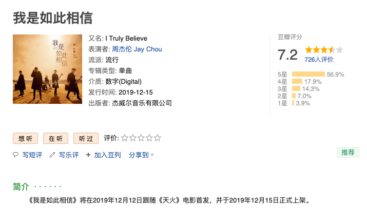 听了吗?周杰伦新歌《我是如此相信》上线 评分7.2